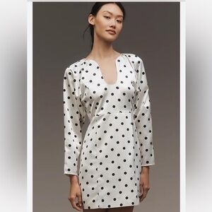 Anthro Siempre x Anthropologie Polka Dot Satin Mini Dress Ivory Black M